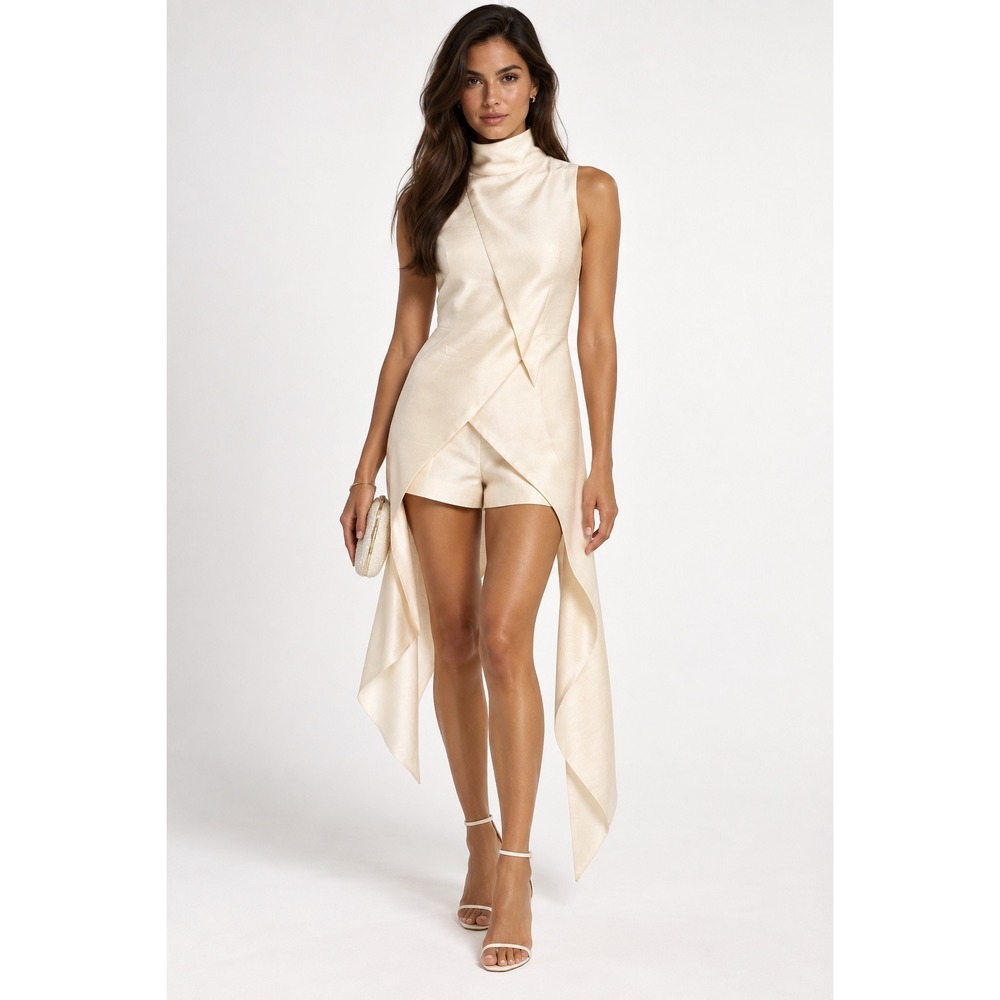 MISHA Collection Cream Draped Asymmetrical Romper Playsuit US 4